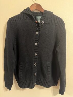 Lauren Ralph Lauren Petite Black Hooded Cotton Knit Cardigan Sweater P/L